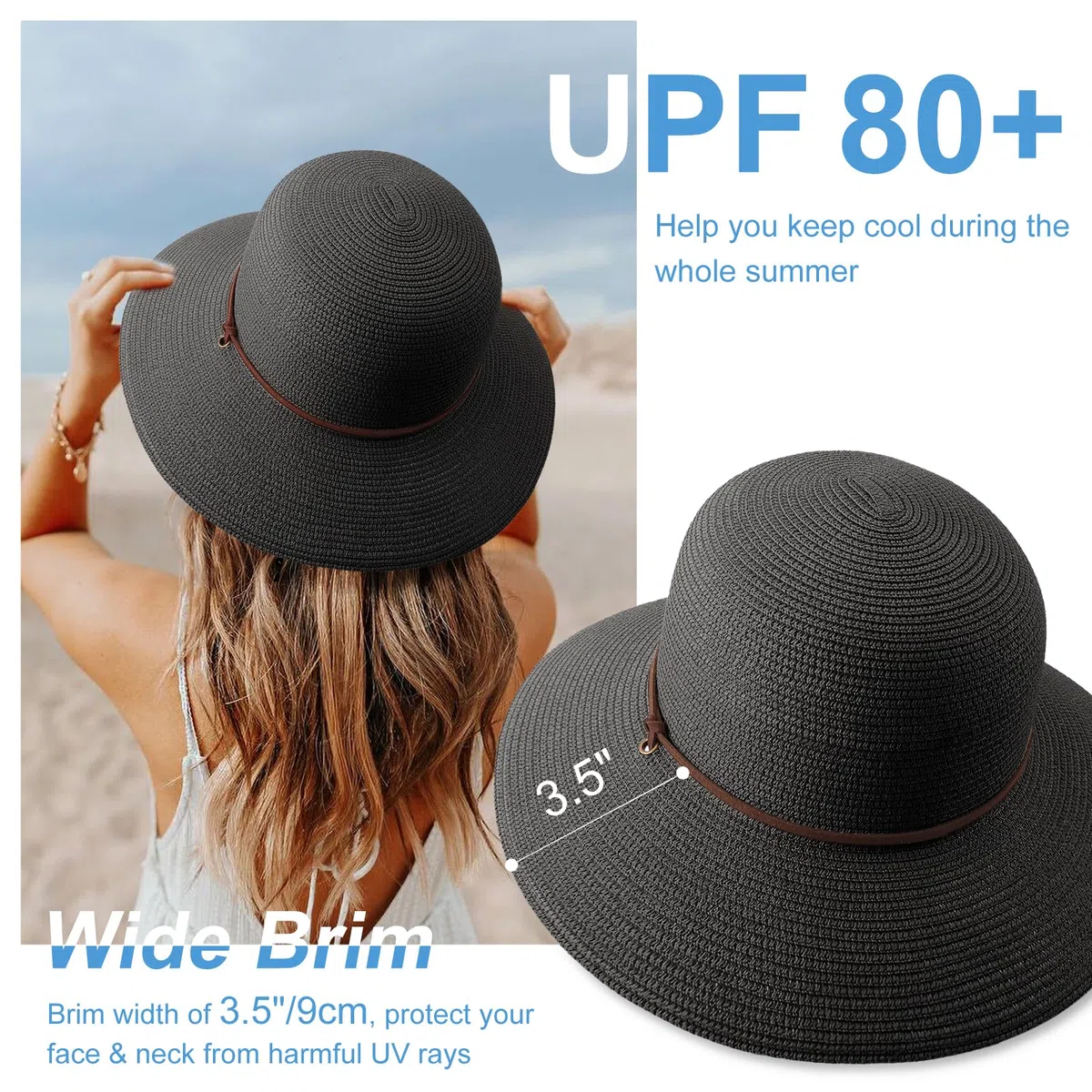 DRESHOW Mujeres Sombrero de Panamá, Sombrero de Paja de ala Ancha, Sombrero de Verano con Correa de Barbilla, Sombrero de Playa Fedora UPF 50+
