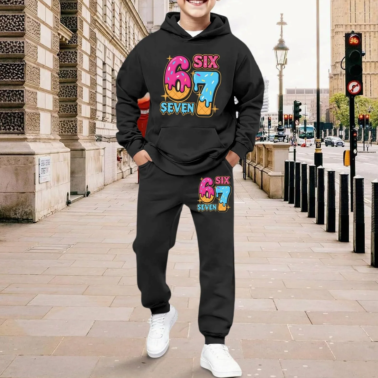 Six Seven - Traje deportivo para niños, unisex, 2 piezas, informal, de dos piezas, sudadera con capucha y pantalón, sudadera de invierno Harajuku de manga larga, chándal deportivo, para niñas y niños