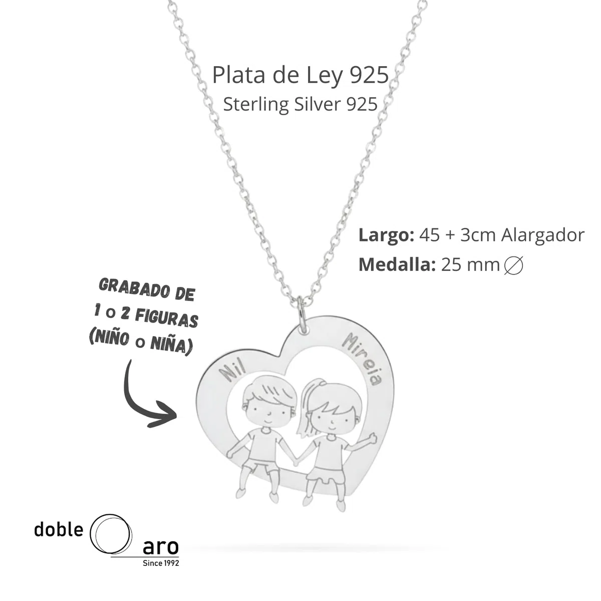Collar Corazón Personalizado con Niño/Niña en Plata de Ley 925 – Grabado con Nombres – Joyería Personalizada Mamá – Regalo Día de la Madre, Cumpleaños, Aniversario, Familia, Hijos
