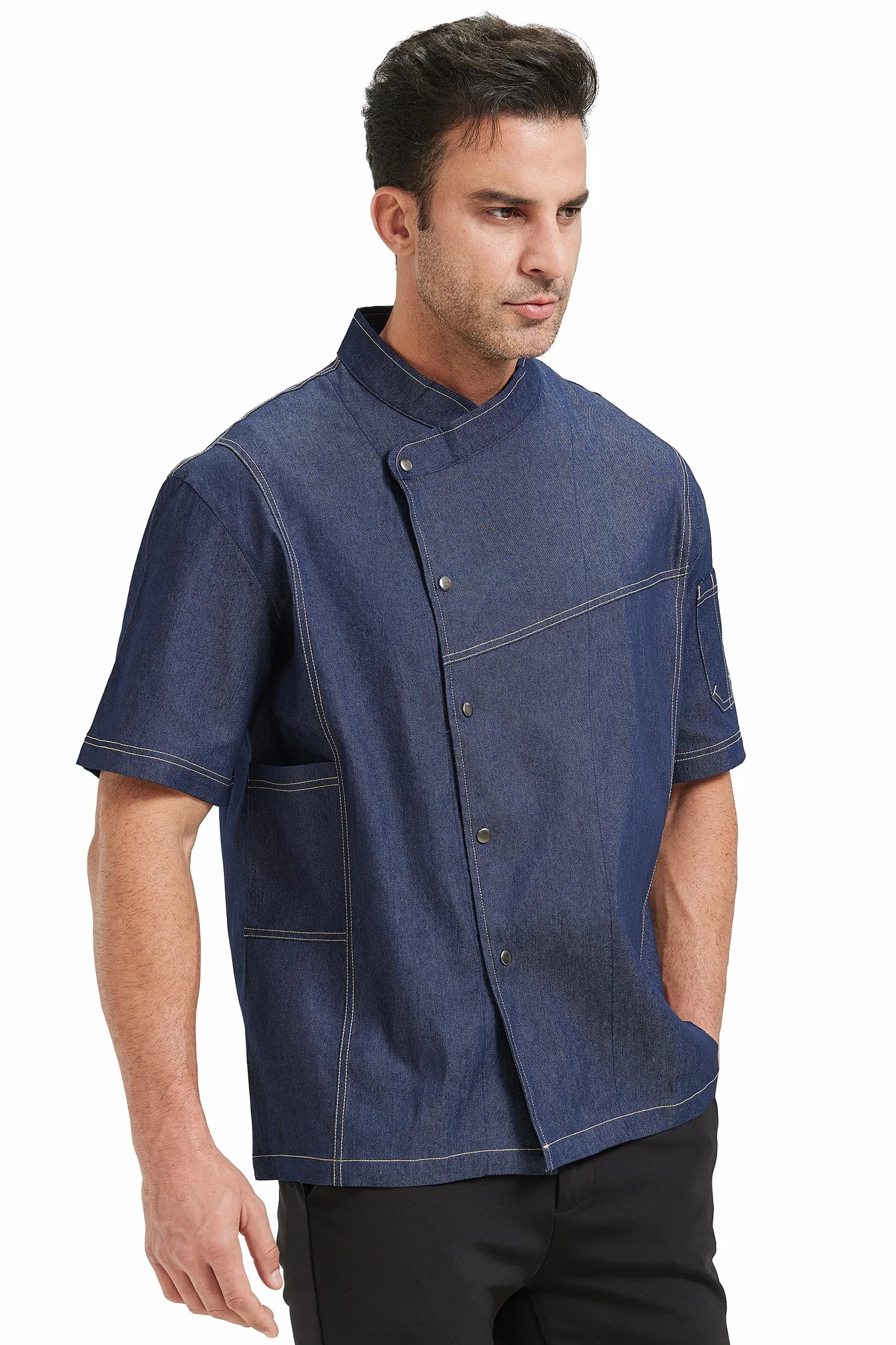 Nanxson Chaqueta de Chef Chaqueta de Chef Denim de Bolsillo para Hombre de Manga Larga Uniforme de Chef para Cocina de Restaurante