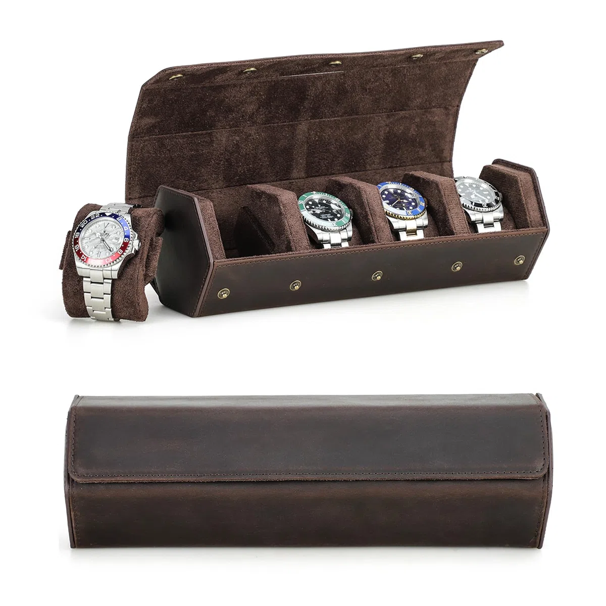 Hiram Estuche para Relojes Estuche de cuero Hexagonal para 8 Relojes, Estuche Protector de 8 Ranuras para Relojes, Organizador de Relojes para Viajar (Café)