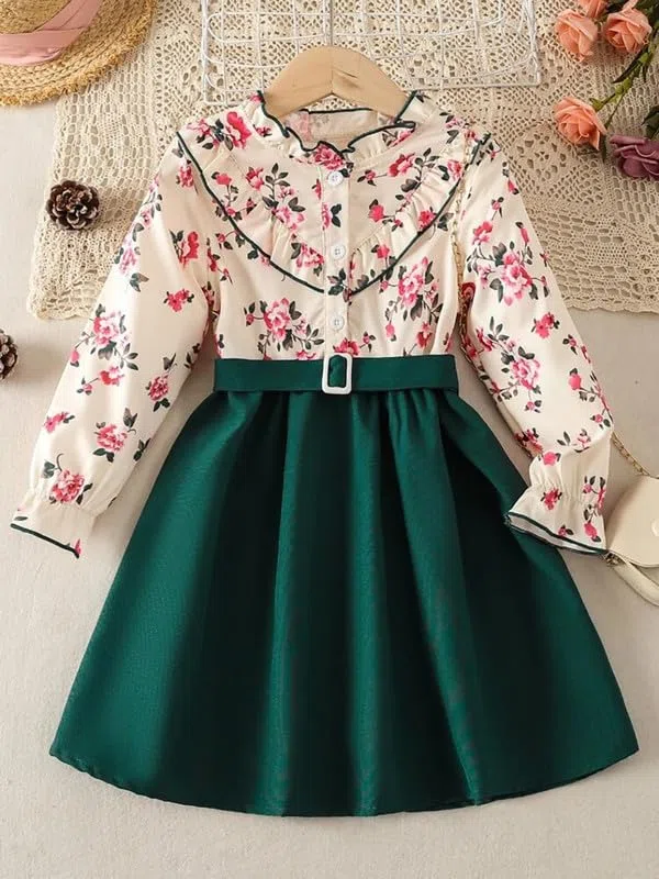 Niren Enterprise Vestido de modal y rayón con estampado digital para niñas