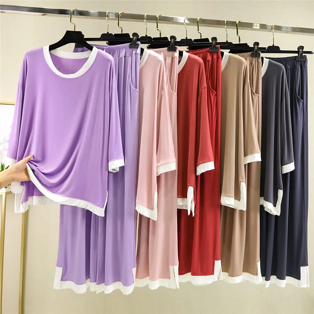 Pijamas de primavera para mujer, conjuntos de pijama de algodón modal, trajes sueltos para el hogar, conjuntos de 2 piezas, ropa cómoda para el hogar, Morado (, S
