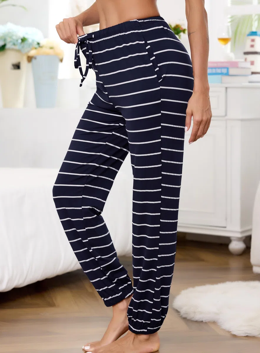 Lovasy Pantalon Pijama Mujer Algodon Raya Pantalones Mujer Invierno Ancho Pantalón con Bolsillos y Cordón