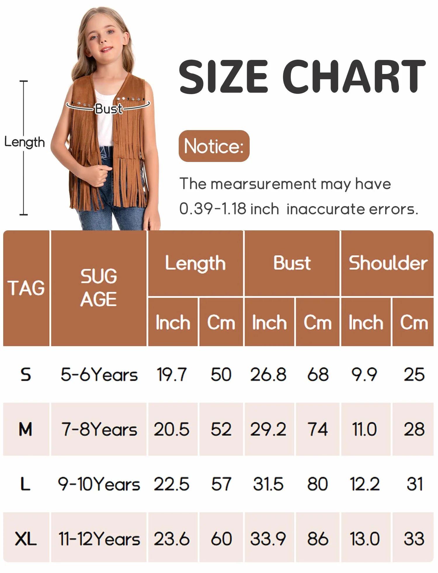 SEAUR - Chaleco con flecos para niña hippie chaleco vaquera occidental con remaches sin mangas de piel sintética ropa estilo años 60-70 niños 5-6 años