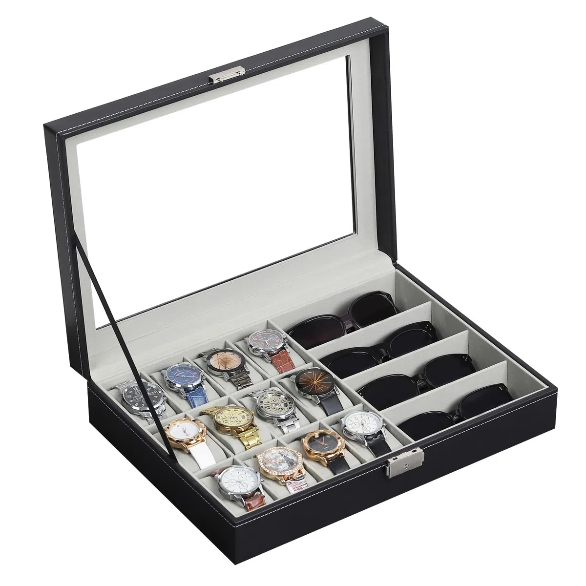 AUTOARK Caja de cuero para 12 relojes y organizador de lentes de sol de 4 piezas,para hombre y mujer,tapa grande de cristal,Negro,MKAW044