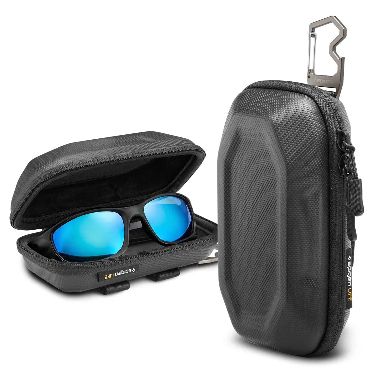 Spigen LIFE Lock Fit Funda para Gafas de Sol Resistente, Estuche Protector Rígido de EVA con Mosquetón Abrebotellas - Negro