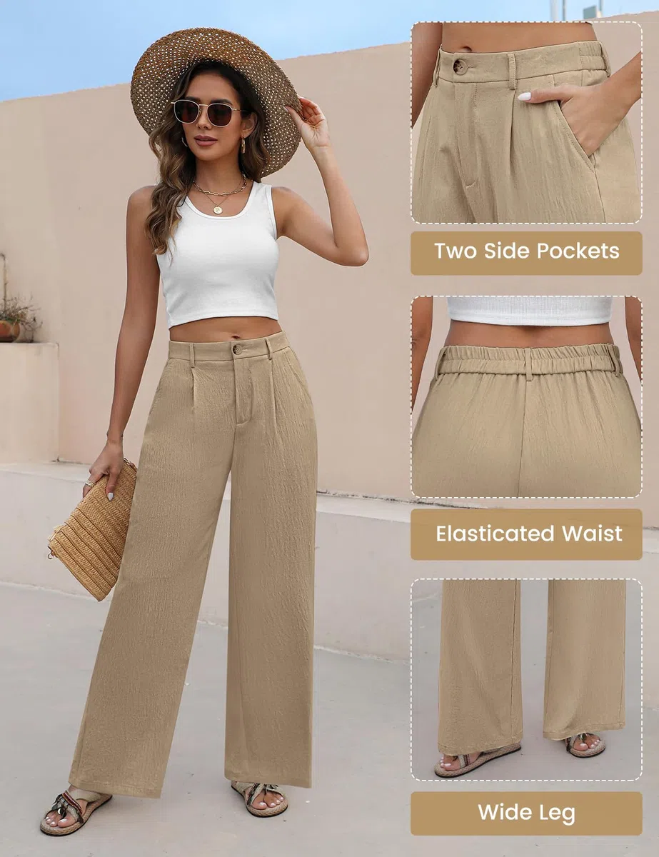 Pantalones Mujer Verano Suelto Rectos Casual Cintura Alta Elástica Anchos con Botones Ligero Cómodo Pantalones de Traje Playa Pantalones con Bolsillos