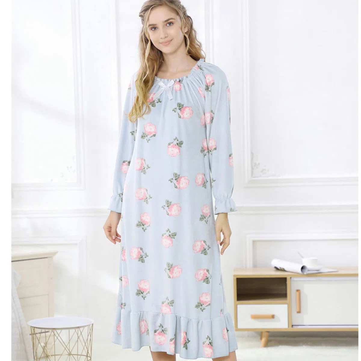 OFFSUM Camisón De Pijama De Mujer - Primavera Otoño Cuello Redondo Vellón Cómodo Camisón Lencería Elegante Ropa De Dormir Lindo Ropa De Casa Ropa De Camisón