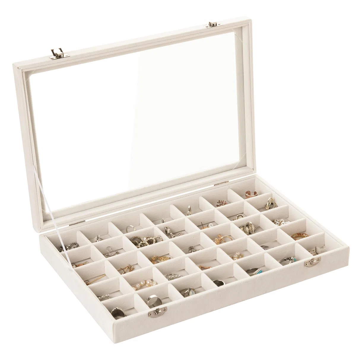 Frebeauty Bandeja de joyas 35 casillas caja de almacenamiento de joyas de terciopelo, caja de exhibición de collar de pulsera femenina con cajón de joyas con tapa transparente (35 casillas blancas)