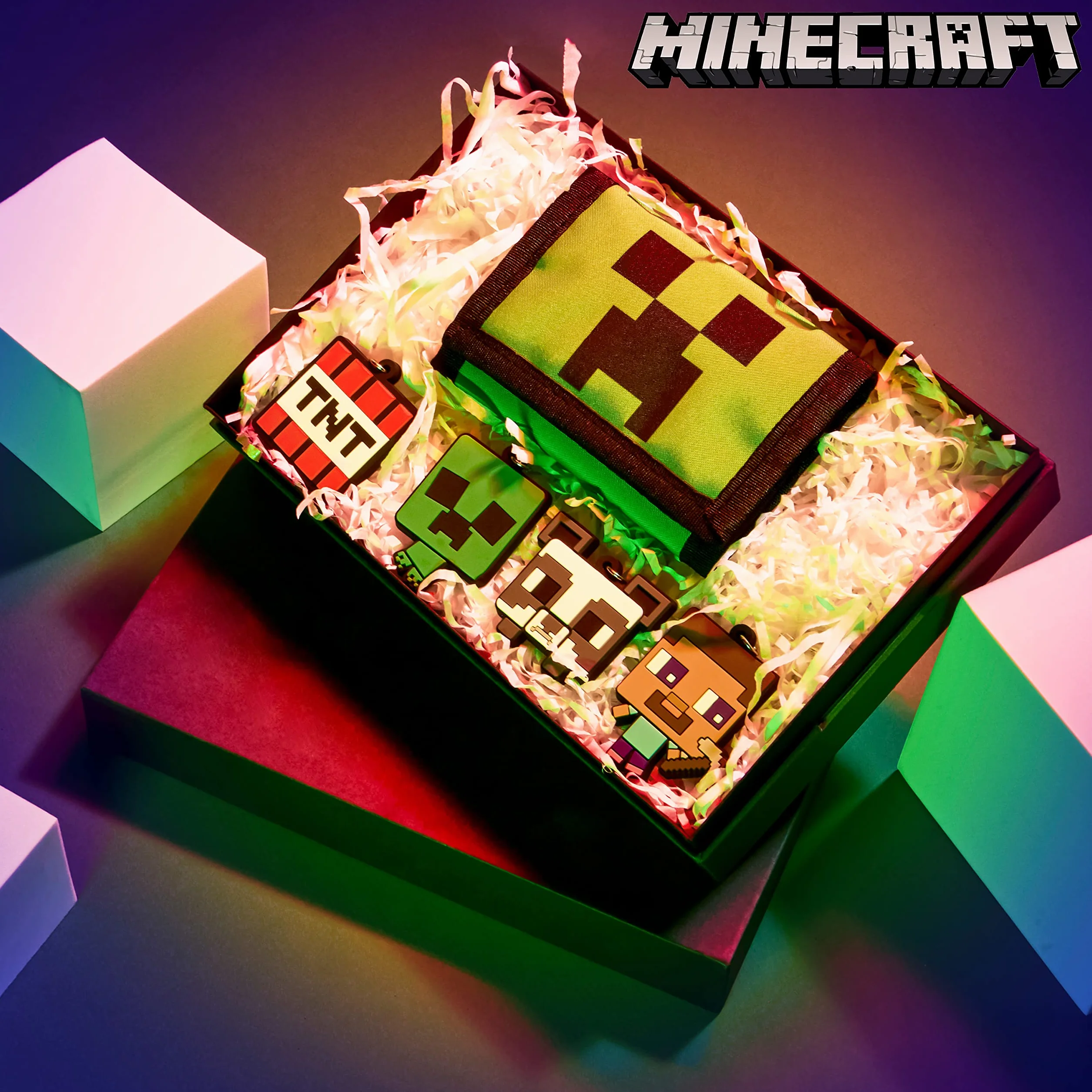 Minecraft Cartera para Niños Toda Ocasión En Poliéster con Personaje Green Creeper Monedero Verde Tamaño Bolsillo Cartera Resistente Incluye 4 Llaveros
