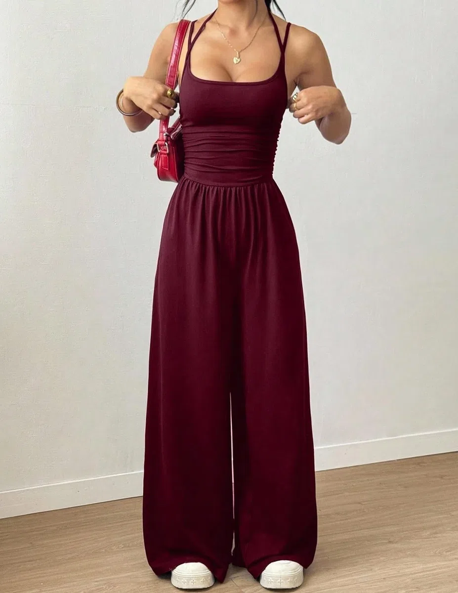 LIAMERHE Mono Largo Mujer Verano Elegante Sexy Cuello Halter Espalda Descubierta Pantalón de Pata Ancha Cintura Alta Casual Jumpsuit para Fiesta Boda Playa Overalls Moda Playsuit
