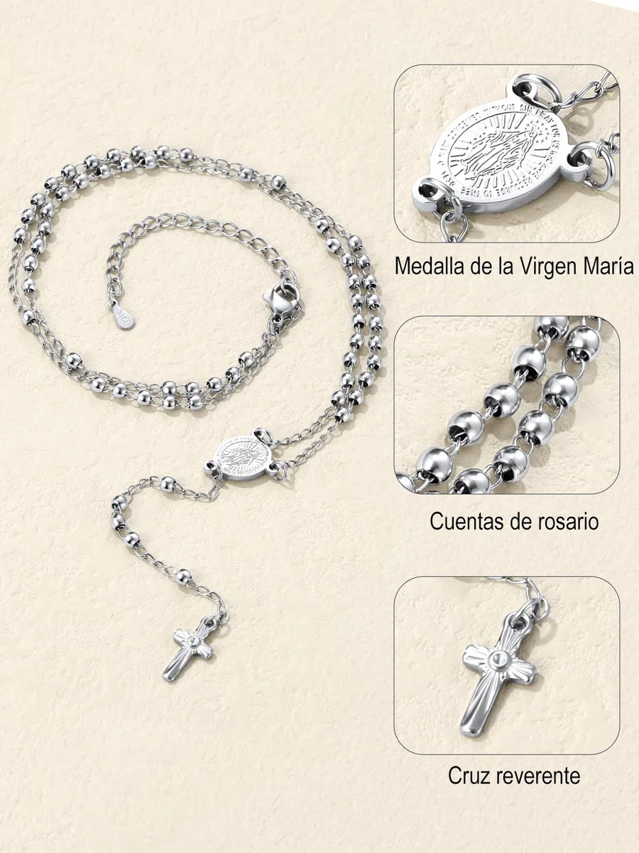 U7 Collar de Mujer y Hombre Rosario Medalla Milagrosa y Crucifijo Perlas de 3mm/6mm en Acero Inoxidable Color Plata Oro Negro Rosa con Libro de Oraciones, Manual y Caja de Regalo