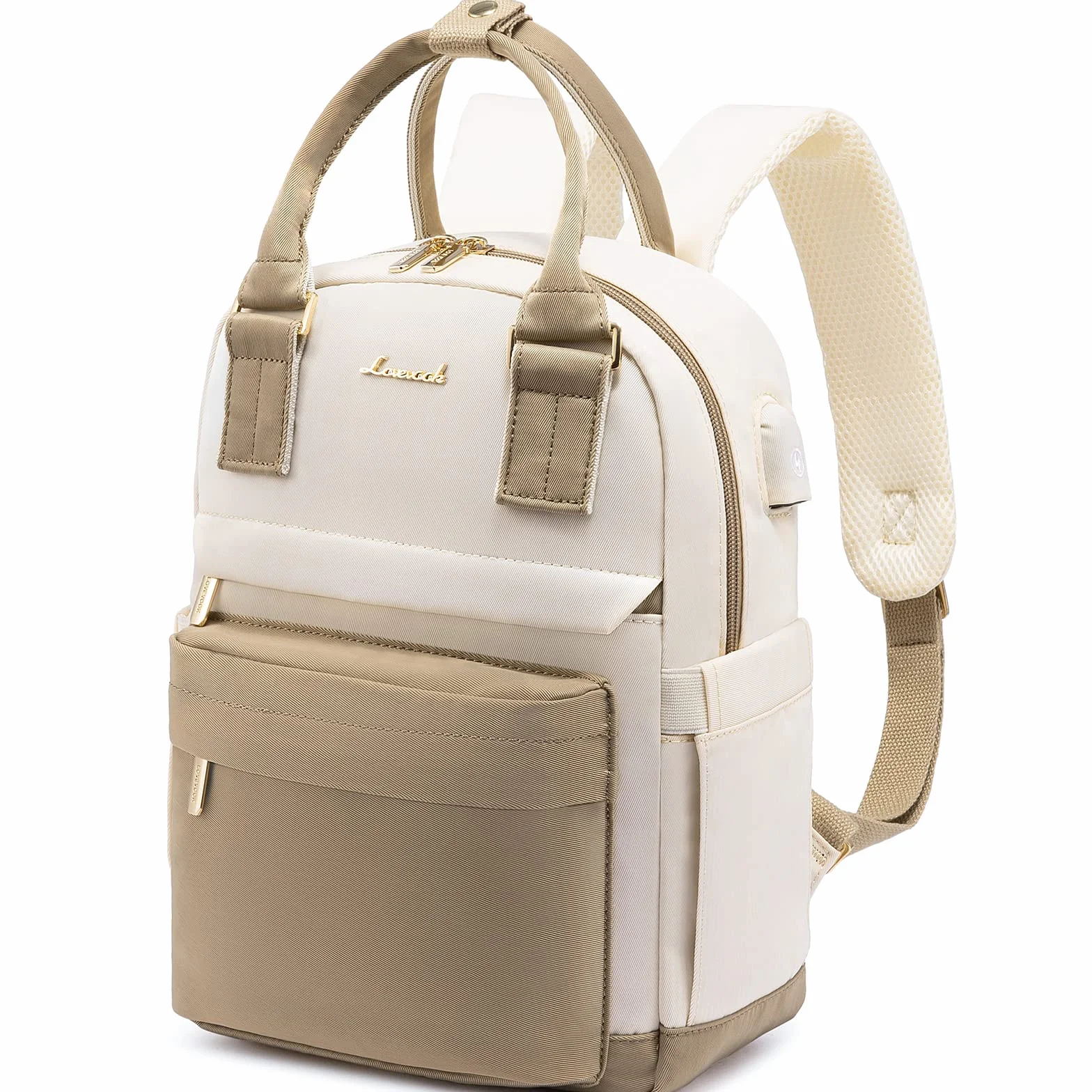 LOVEVOOK Mochila Mujer Pequeña, Bolso Mochila Viaje Antirrobo con Puerto de Carga USB, Impermeable Casual Mini Backpack para Oficina Universidad Compras Uso Diario, Caqui Beige
