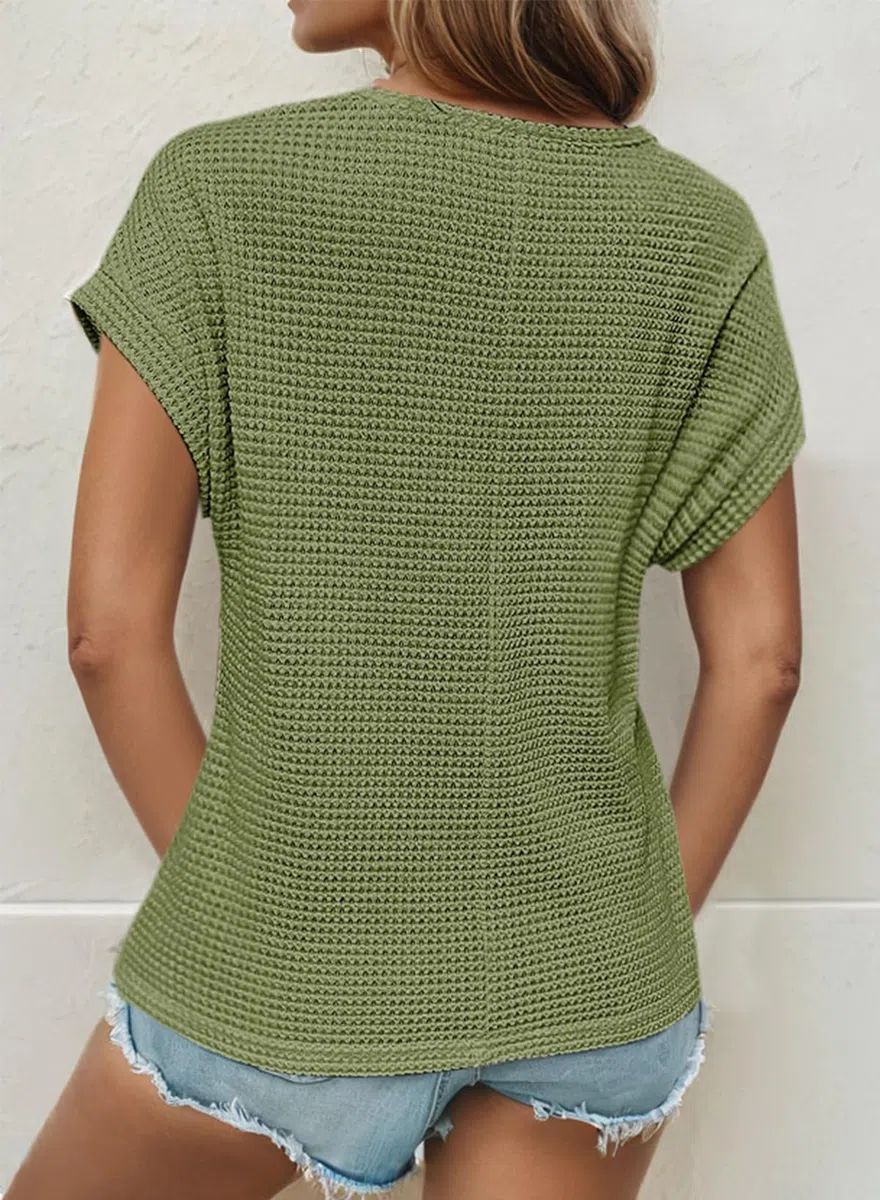 Chicrise Camisetas Manga Corta Mujer Verano Blusa Encaje Cuello Redondo Top Waffle Corte Holgado