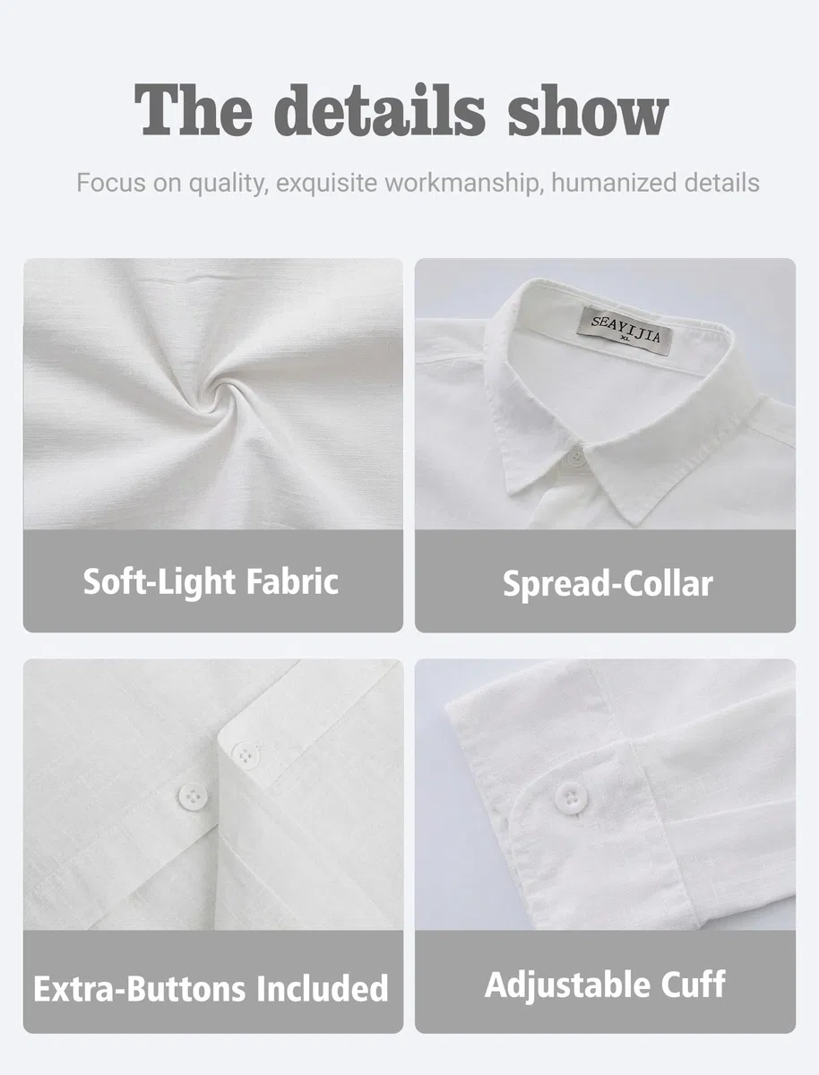 Camisa para Hombre Manga Larga, Camisa Informal de Lino-Algodón, Corte Estándar, Parte Superior Casual de Negocios, Ideal para Vacaciones Playa Verano