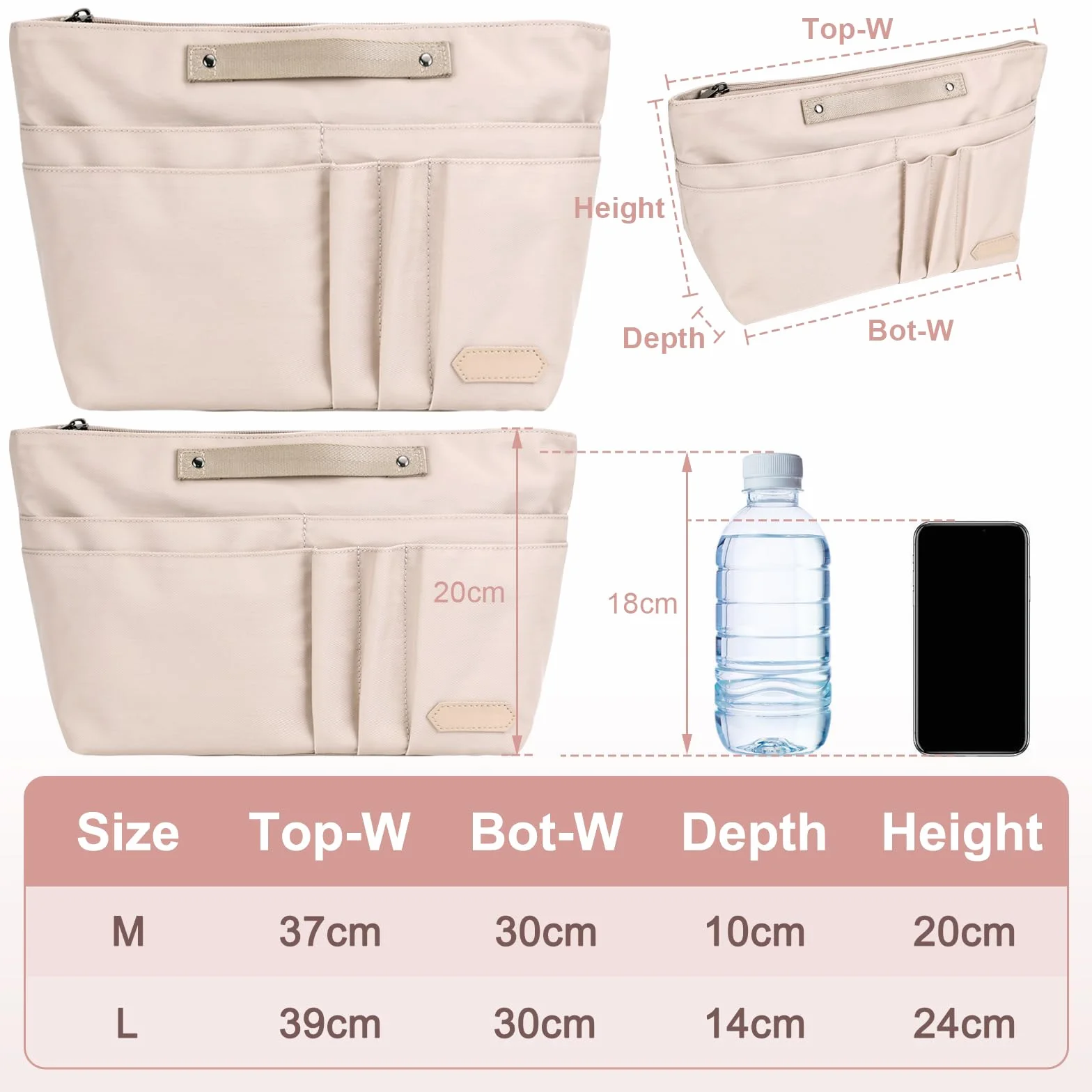 GADITIEK Organizador Bolsos, Organizador De Bolsos Poliéster con Llavero, Organizador Bolsos De Mujer para Bolsos Longchamp Le Pliage l,y Más... Tote Bag Organizer (Beige, L)