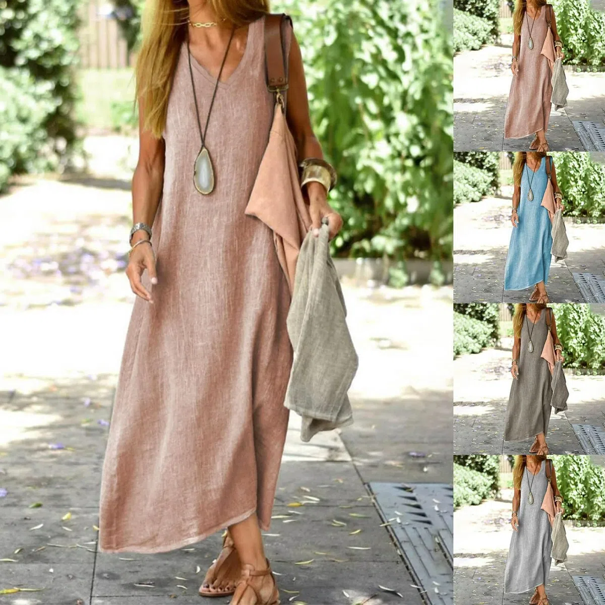 Vestidos de Verano 2024 para Mujer, Vestido Largo sin Mangas con Cuello en V, Vestidos de Playa de Color sólido, Vestido Informal Suelto de Lino y algodón