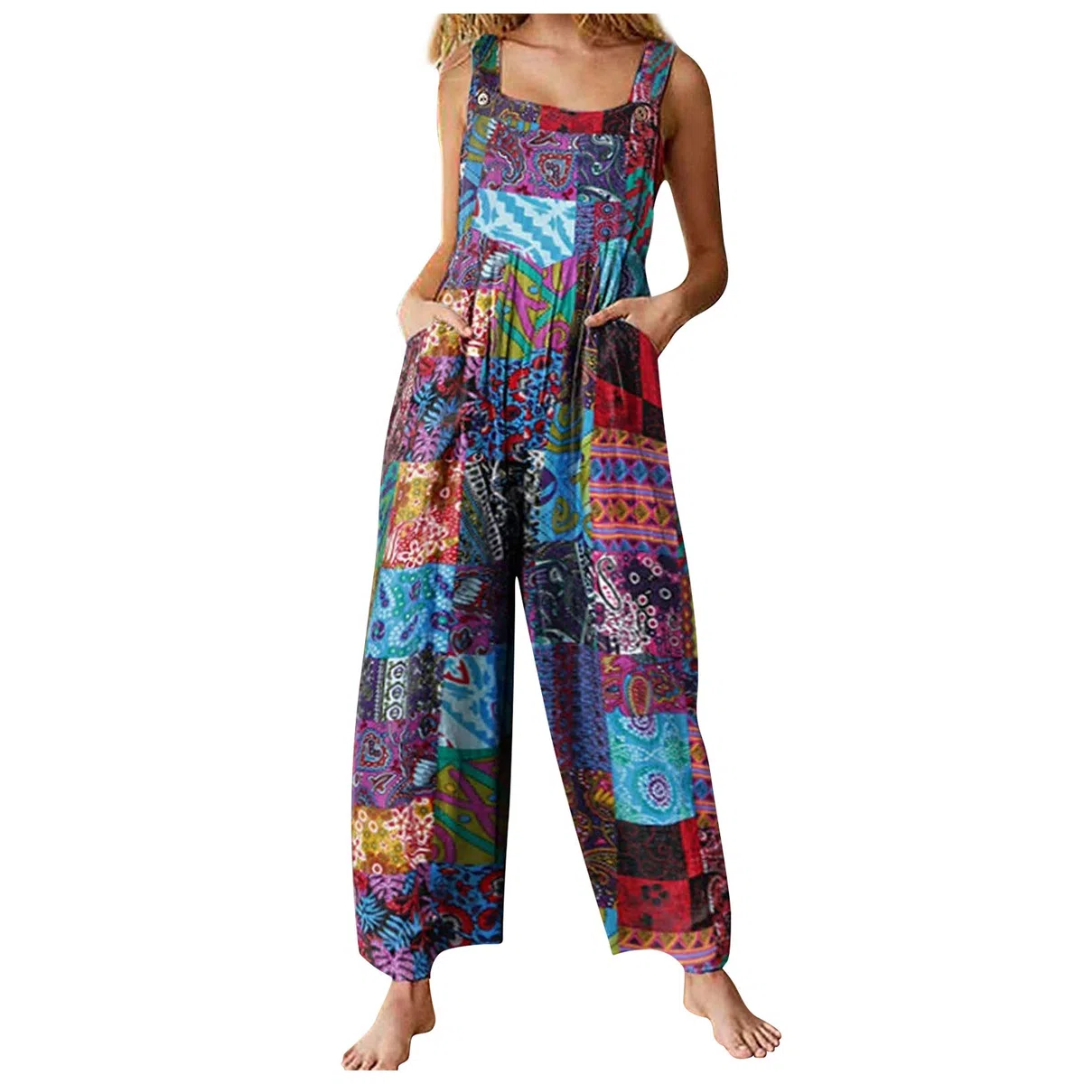 Nicoxijia Overol de verano con doble bolsillo para mujer, de pierna ancha, tirantes sin mangas, floral, pantalones bohemios