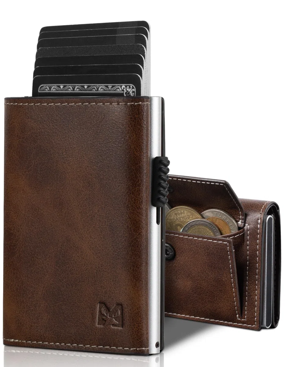 Cartera Pop Up para Hombre con Monedero, Cartera Trifold con Ventana para ID, Tarjetero Inteligente con Bloqueo RFID y 6 Ranuras para hasta 11 Tarjetas (Marrón)