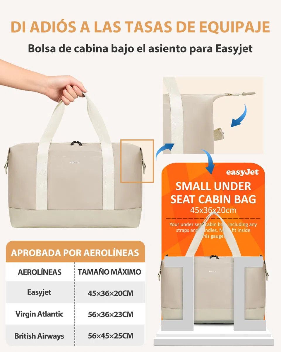 ECOHUB 30L Bolsa de Viaje Mujer, 45x36x20 Equipaje de Mano Avion, Bolsa Gimnasio Mujer con Bolsillo Húmedo Extraíble, Plegable Bolso Maternidad Hospital, Patente Pendiente(Beige) | Equipaje Cabina Bajo Asiento con Bolsillo Húmedo para Fin de Semana y Gimn