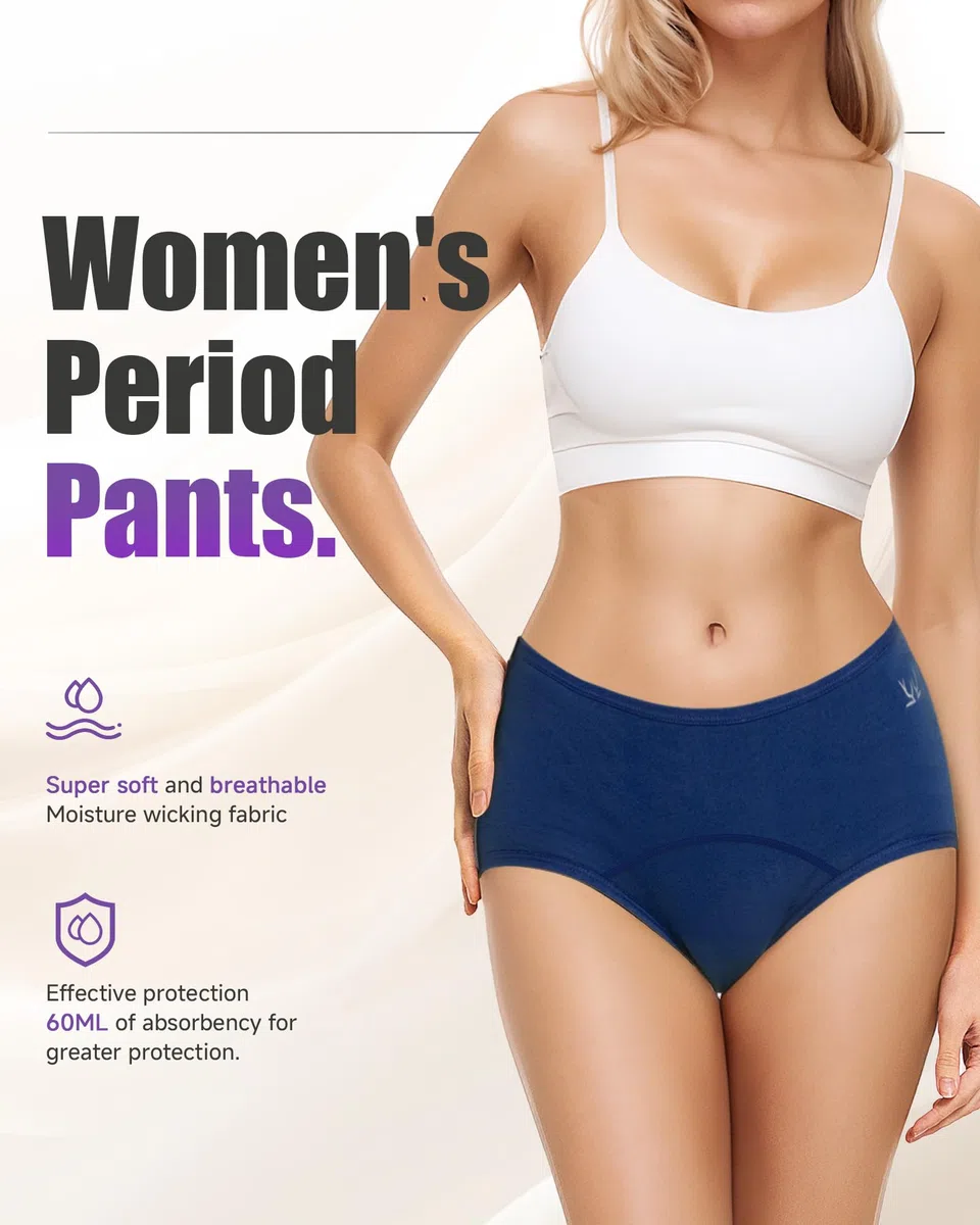 TANSTC Bragas Menstruales Mujer Algodon 60ML, Menstruación Protección Hygiénia Absorbente y Lavable, Ropa Interior Mujer Ecológica y Reutilizable, Pack de 3