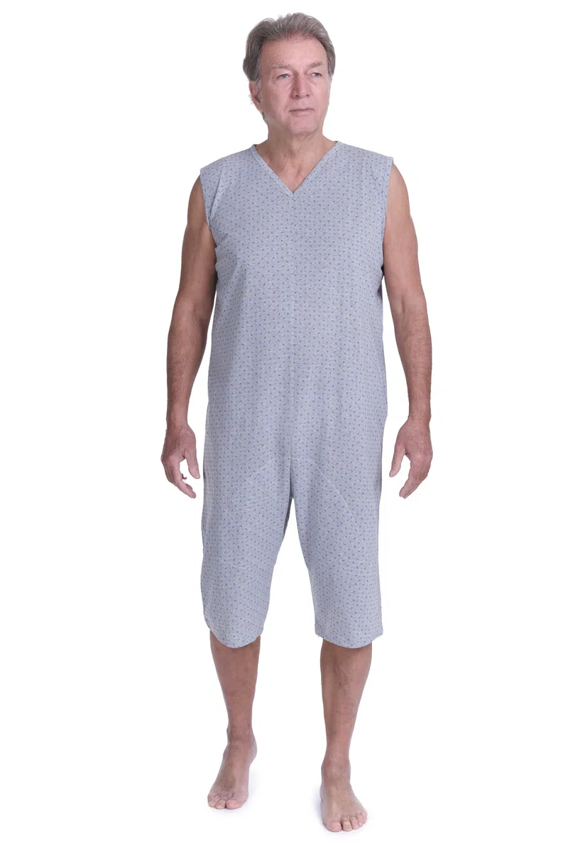 FERRUCCI COMFORT Pijama Tutón Sanitario de Verano Sin Mangas en Algodón - 9008/8 - Apto para Ancianos, Incontinencia, Alzheimer, Pantalón Corto, Fresco, gris, XXL