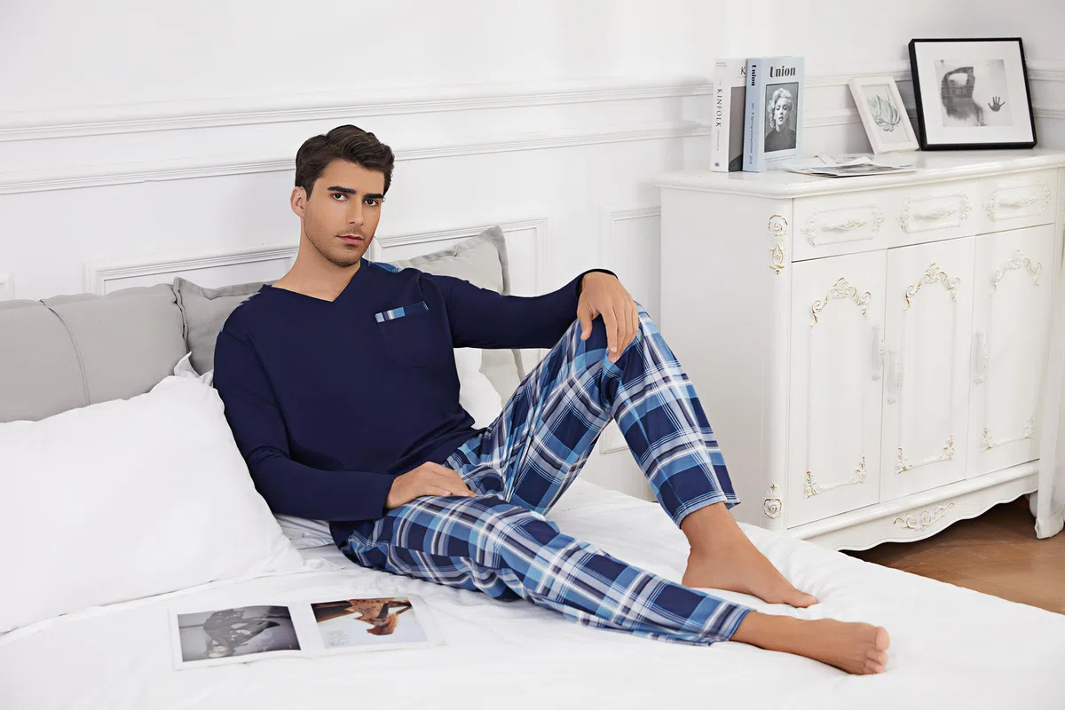 Litherday Pijama Hombre Invierno Algodón Conjunto de Pijama Hombre Manga Larga Camiseta con Bolsillos y Largo Pantalones de Pijama