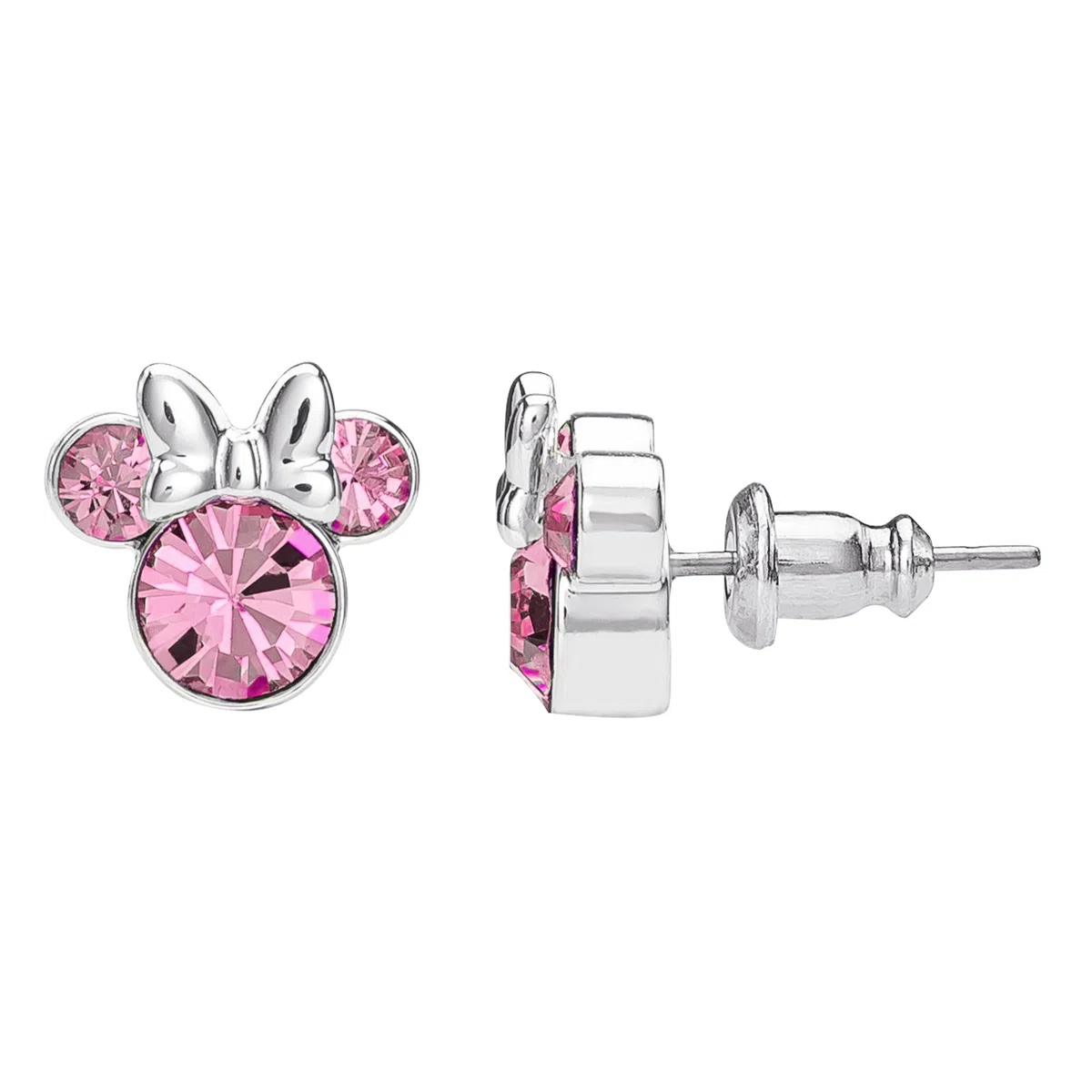 Pendientes de tuerca chapados en plata con cristal rosa de Minnie Mouse para niñas y mujeres, talla única, Chapado en plata, Sin piedra preciosa
