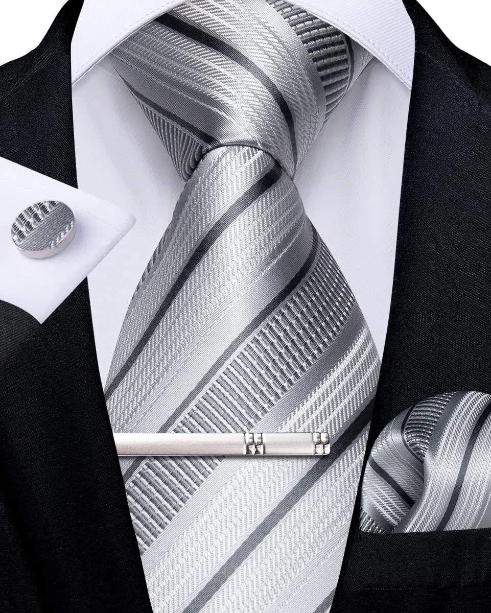 DiBanGu Conjunto de corbata de seda a rayas para hombre, corbata a cuadros con pañuelo de bolsillo, gemelos y clip de corbata para boda formal