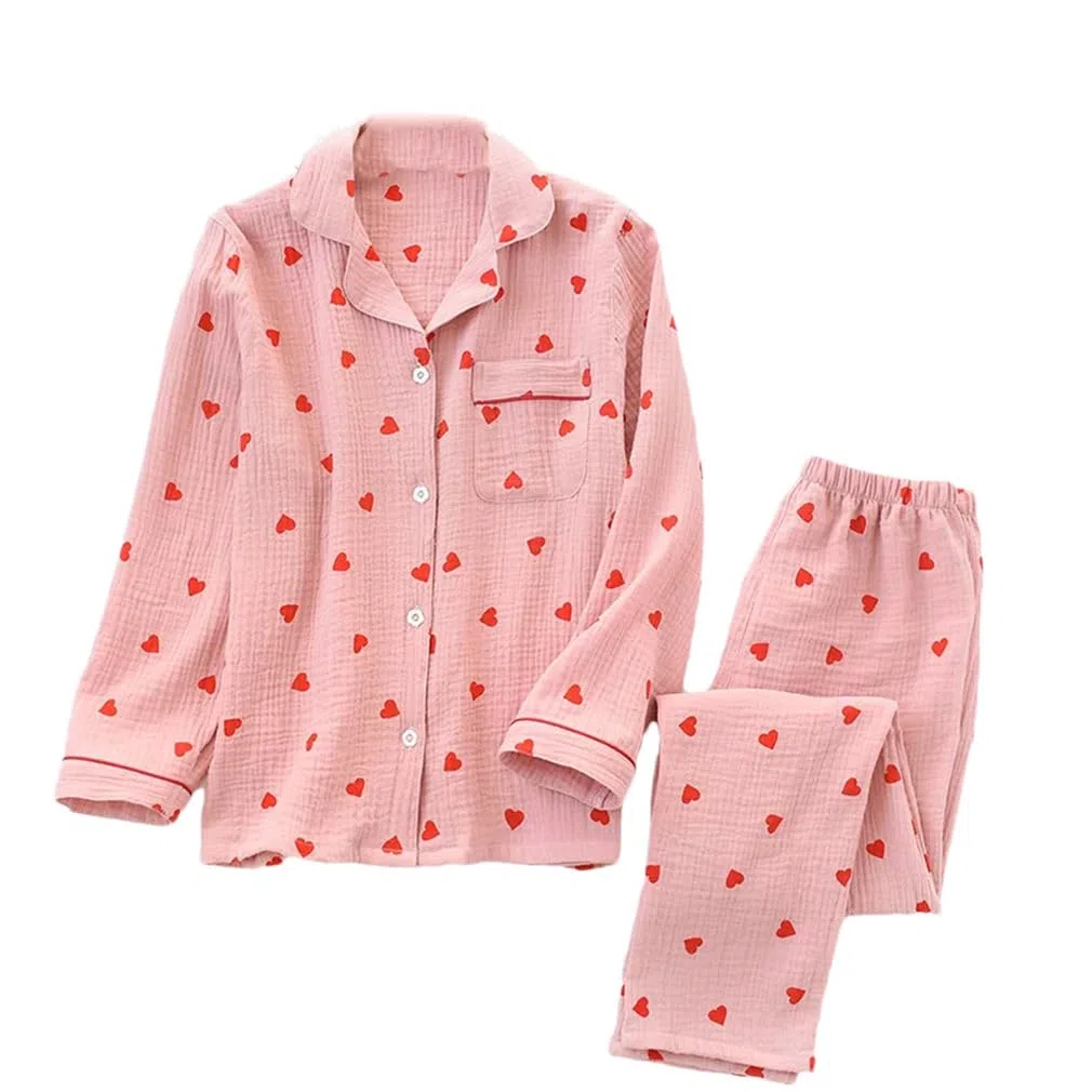 Conjunto de pijama estampado de primavera de dos piezas, holgado, cómodo, cárdigan de algodón para mujer, ropa de descanso