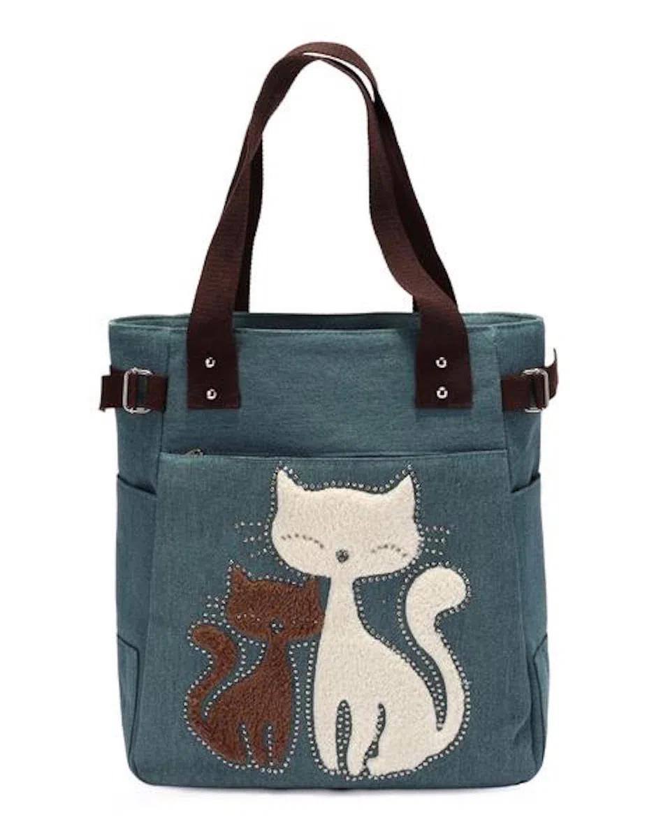 ShopINess Bolso Tote de Lona con Gatos Bordados Múltiples bolsillos Cremallera Práctico Bolso de Hombro Mujer (Verde)