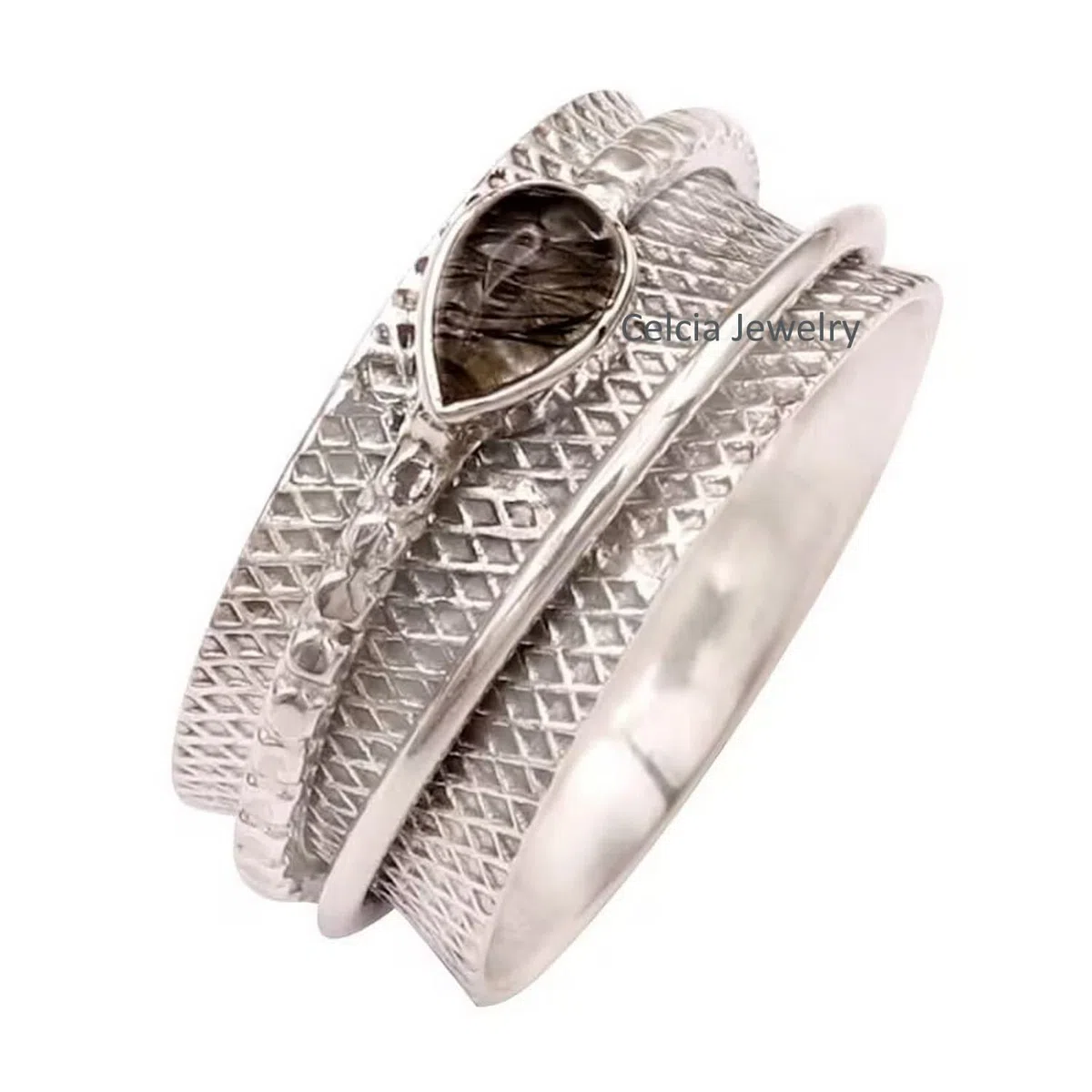 Anillo giratorio de cuarzo rutilado negro en plata, anillo de meditación para hombres y mujeres, anillo de regalo para el Día de la Madre (talla 7 de EE. UU.)