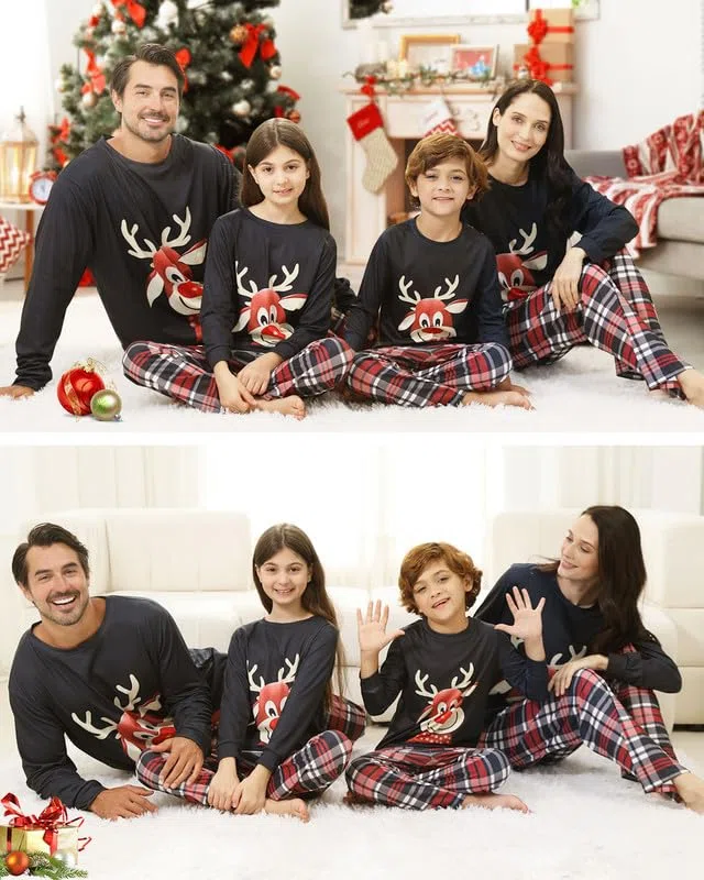 Kouric Pijamas Navidad Familia,Pijama Familiar a Juego con Estampado de Renos,Pijama Navidad Familia Top Blanco y Pantalón de Cuadros Rojos,Blancos y Negros,Pijamas Navidad Mujer/Hombre/Niña/Niño