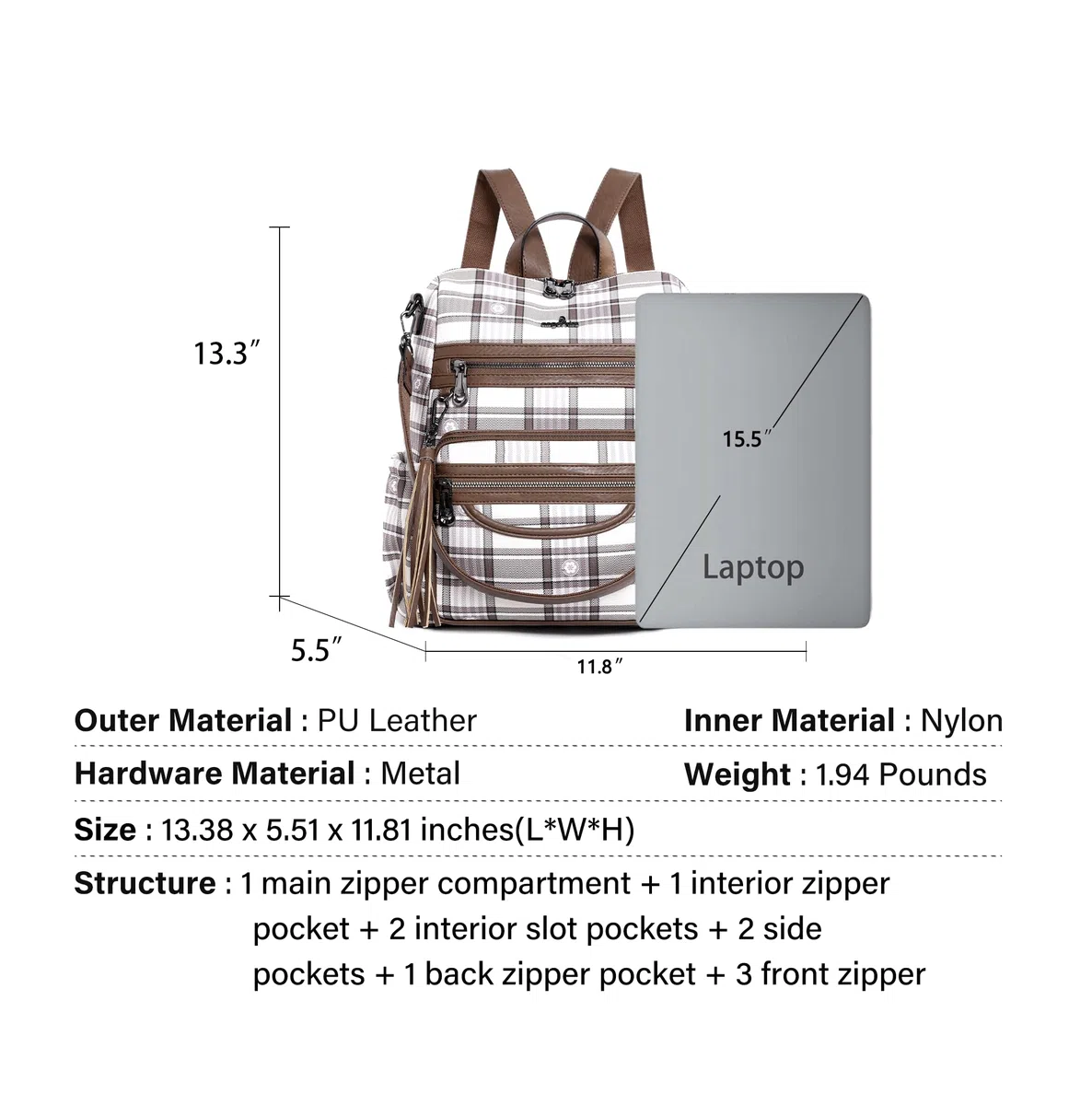 Las mujeres Bolsos Mochila Bolso Cuero PU Bolsas con Cremallera Casual Mochilas Bolsas de Hombro (DK8532G#FC#6/21706#400 TAUPE/TAUPE)