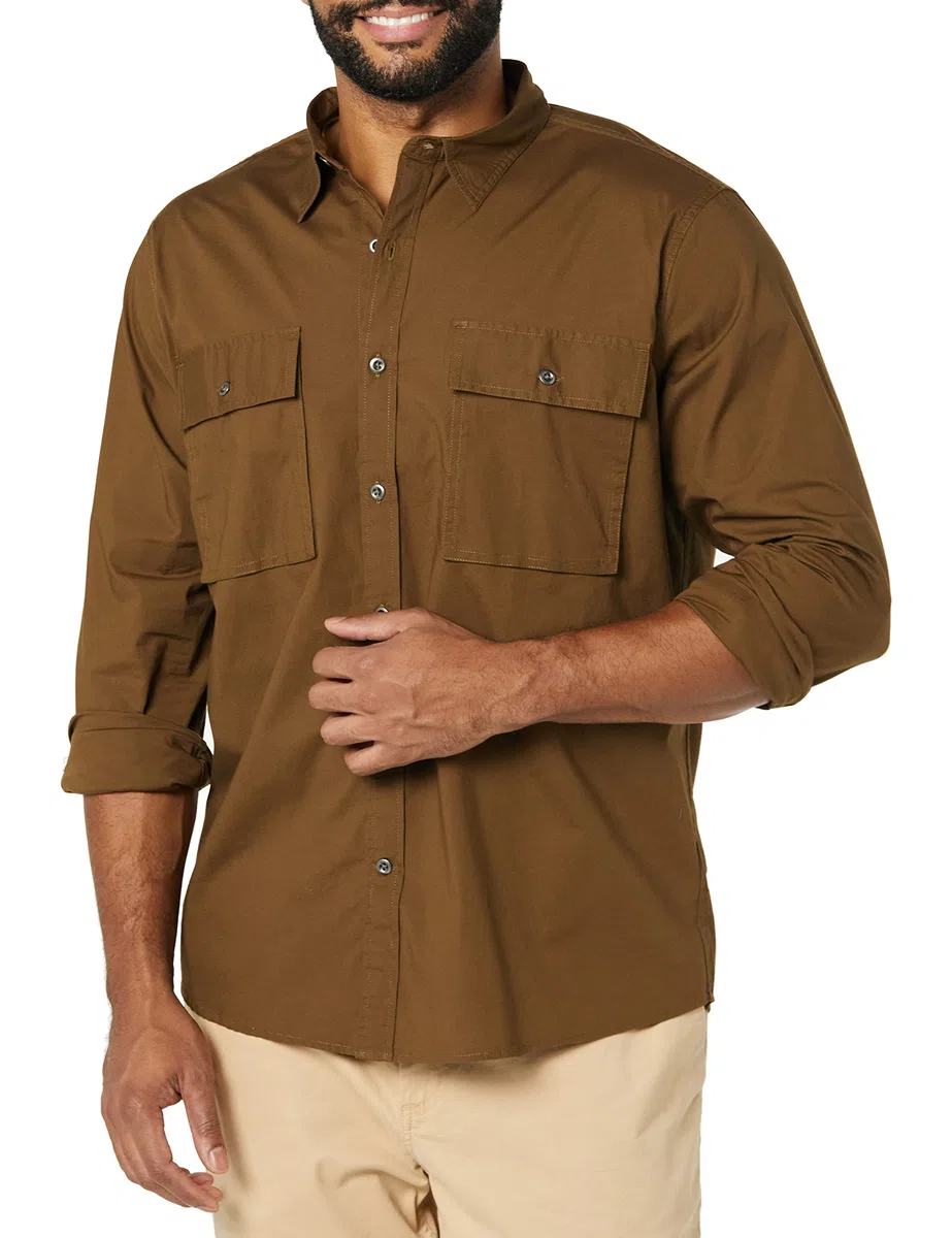Amazon Essentials Hombre Camisa utilitaria de Manga Larga con Dos Bolsillos y Corte estándar