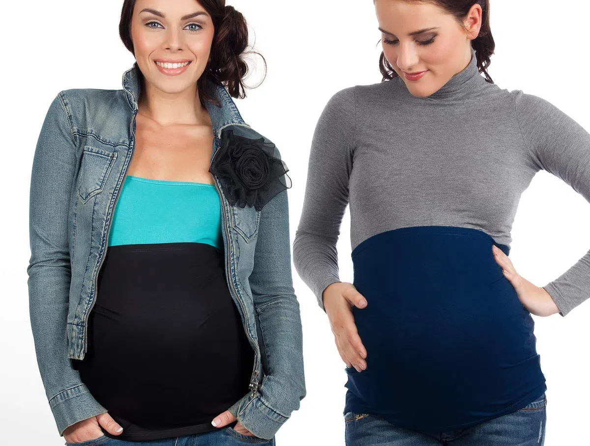 Paquete doble de banda abdominal para el embarazo. Contenido: 2 bandas abdominales - Bandas abdominales para embarazadas - Calentador de espalda y alargador de camisetas, azul oscuro/negro, M-L
