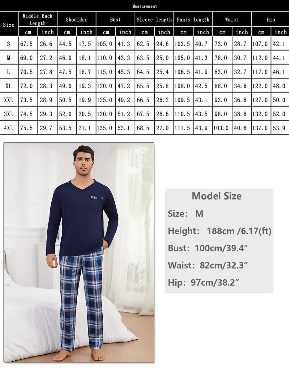 Litherday Pijama Hombre Invierno Algodón Conjunto de Pijama Hombre Manga Larga Camiseta con Bolsillos y Largo Pantalones de Pijama