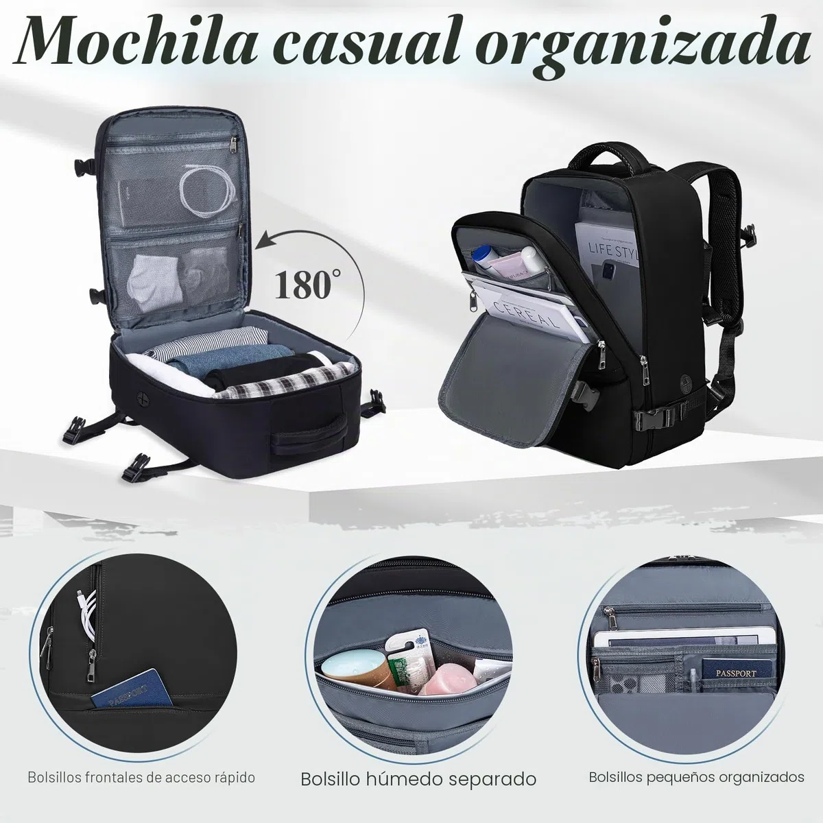 VMIKIV Mochila 40x30x20 para Ryanair 24L Mochila Viaje Cabina Avion 40x20x25 con Bolsillo Antirrobo Maleta 40x30x20 Equipaje de Mano Travel Backpack Hombre Mujer, Negro
