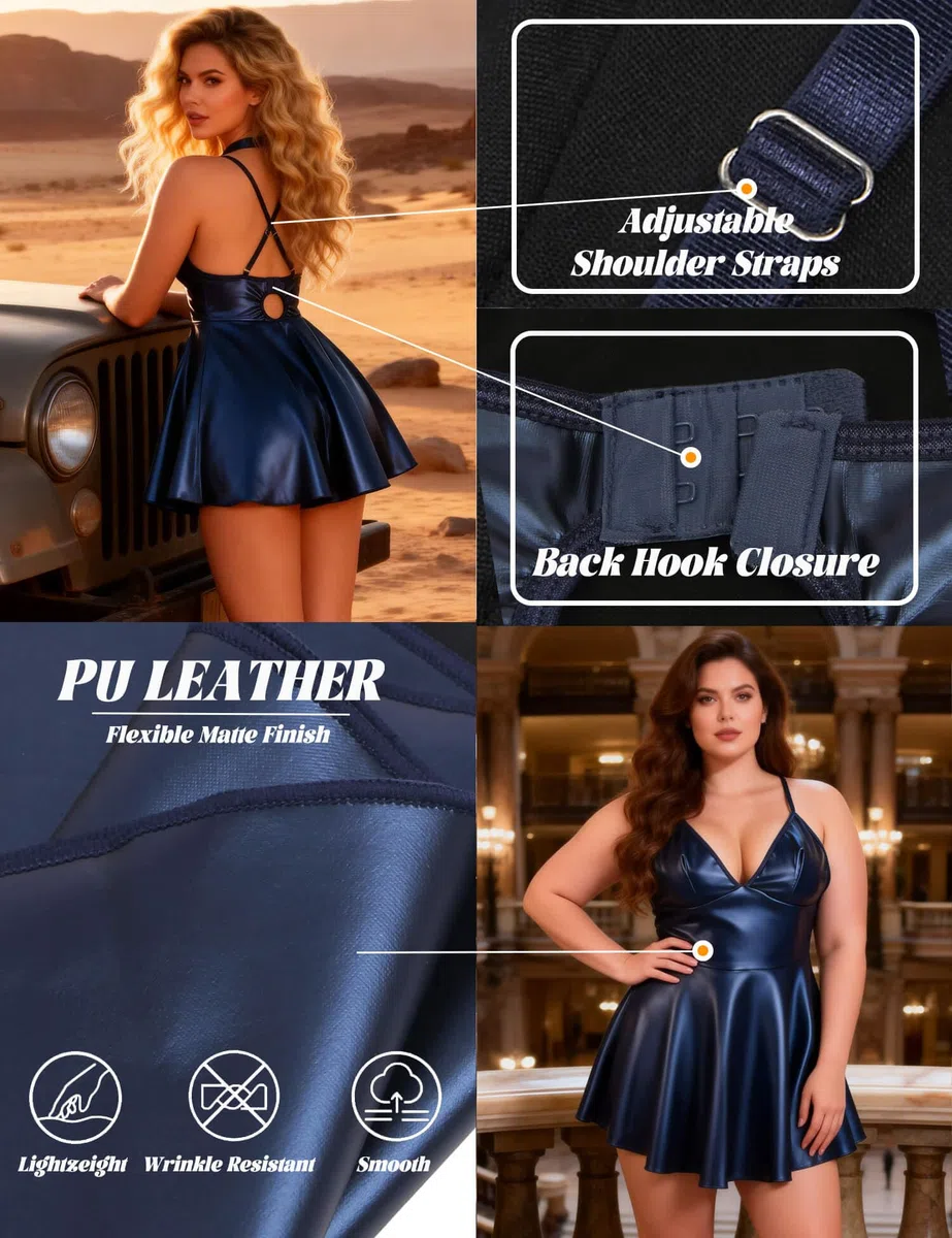 ohyeahlady Vestido Sexy Mujer Corto De Cuero Tallas Grandes Vestidos de Fiesta Elegantes Mini Vestito Sexy Club sin Mangas Ropa Lenceria Hot Trajes Vestir Conjunto Wetlook Ajustado Cóctel