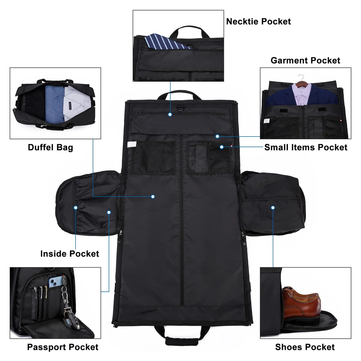 Bolsa Portatrajes Funda de Viaje para Traje Bolso Porta Trajes Ropa Vestidos con Correa para el Hombro Ajustable, Bolso Weekender Porta Trajes 2en1, Porta Traje para Hombre, Equipaje de Mano, Negro