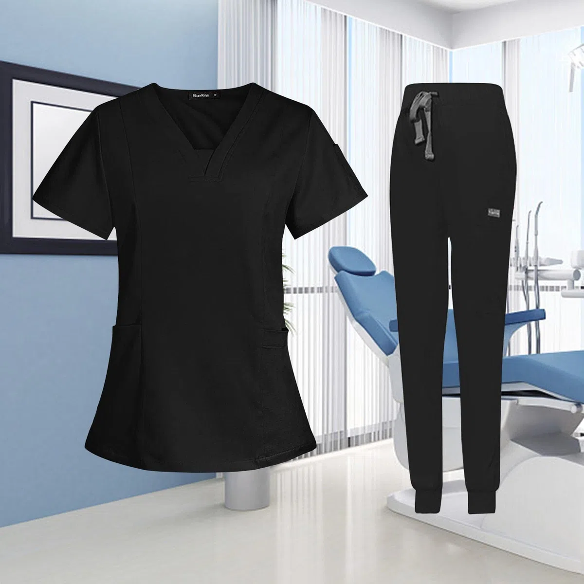 Conjunto de Uniforme Médico para Mujer, Cómodo Escote en Múltiples Bolsillos, Lavable a Máquina. Blusa de Manga Corta Y Pantalón para Enfermera,