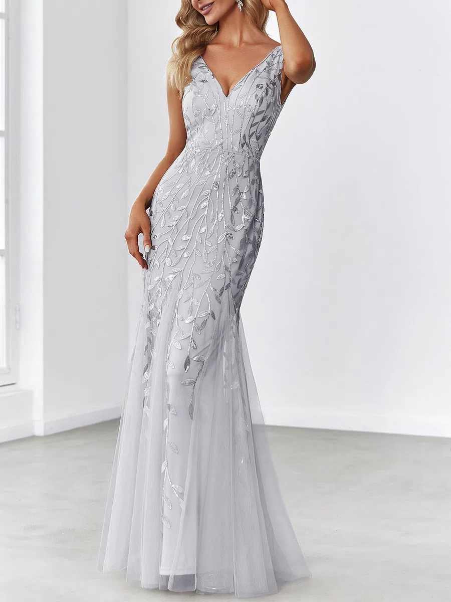 Ever-Pretty a Sirena Tul Vestido de Noche Cuello en V sin Respaldo para Mujer Plateado 52