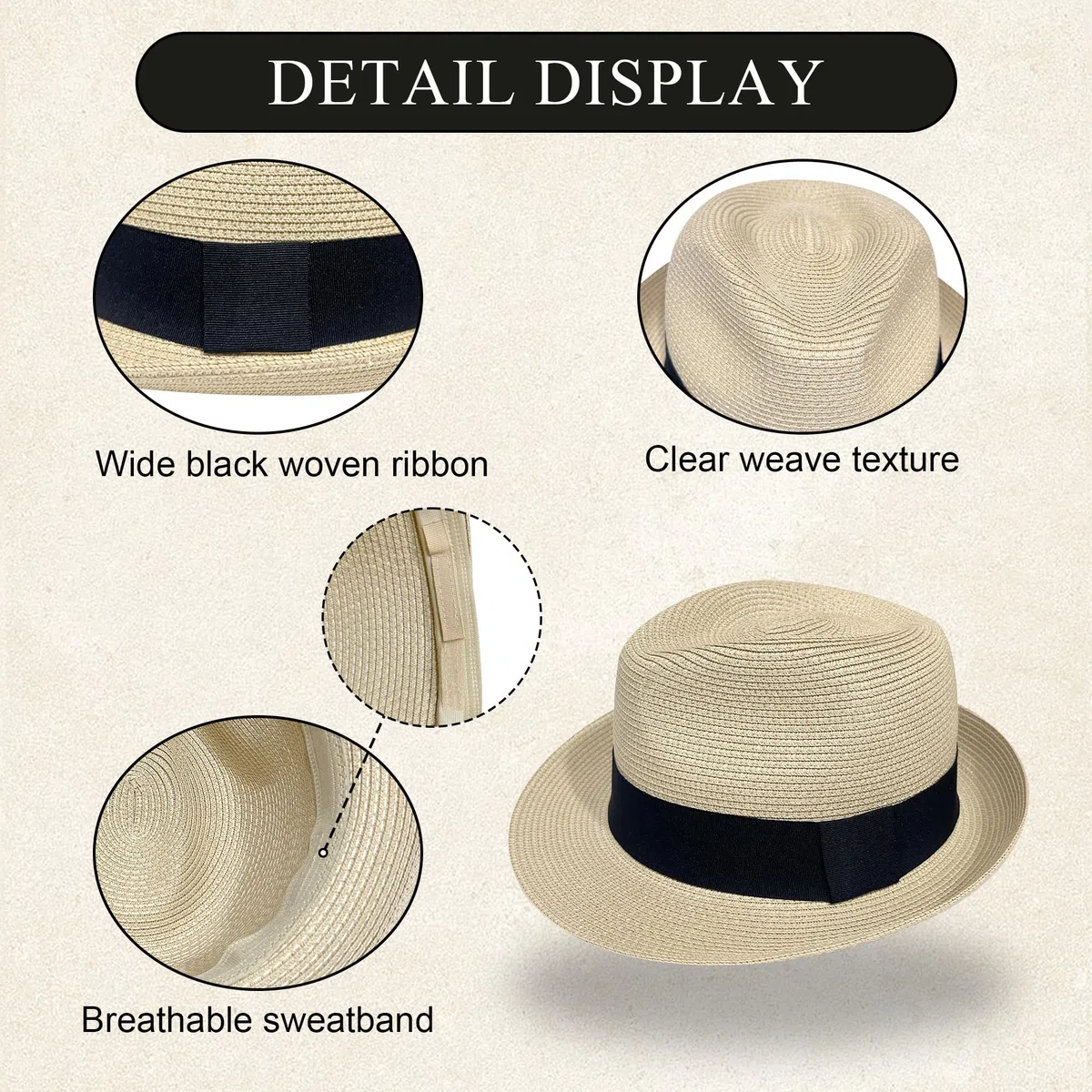 Wildarms Sombrero Fedora de Paja para Mujer, Estilo panamá, Sombrero de Verano con Banda Negra, Ligero y Transpirable