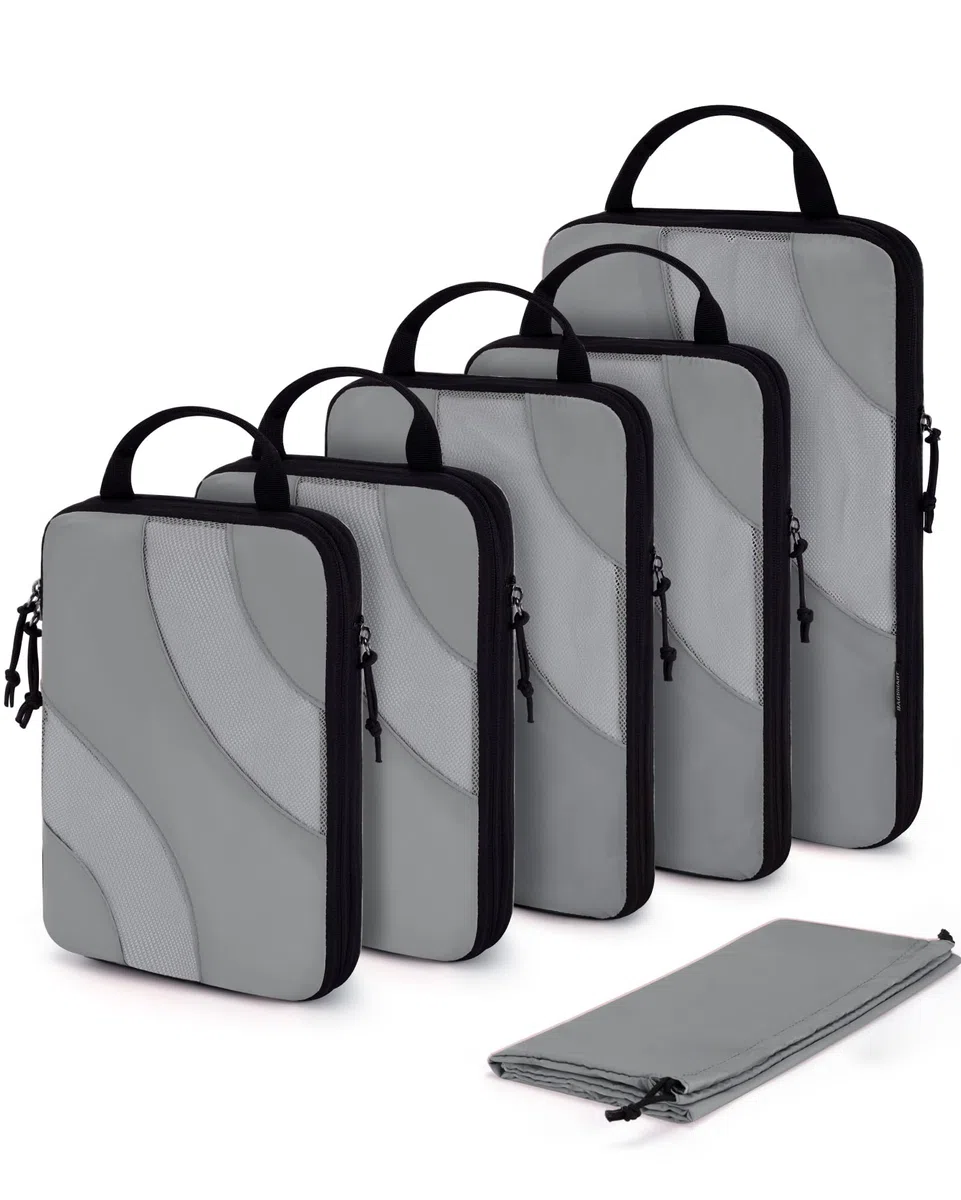 Cubo de embalaje de compresión para viajes, BAGSMART 6 Set de cubos de embalaje de viaje para maleta, bolsa organizadora de maleta de compresión, 05-gris, 6 unidades
