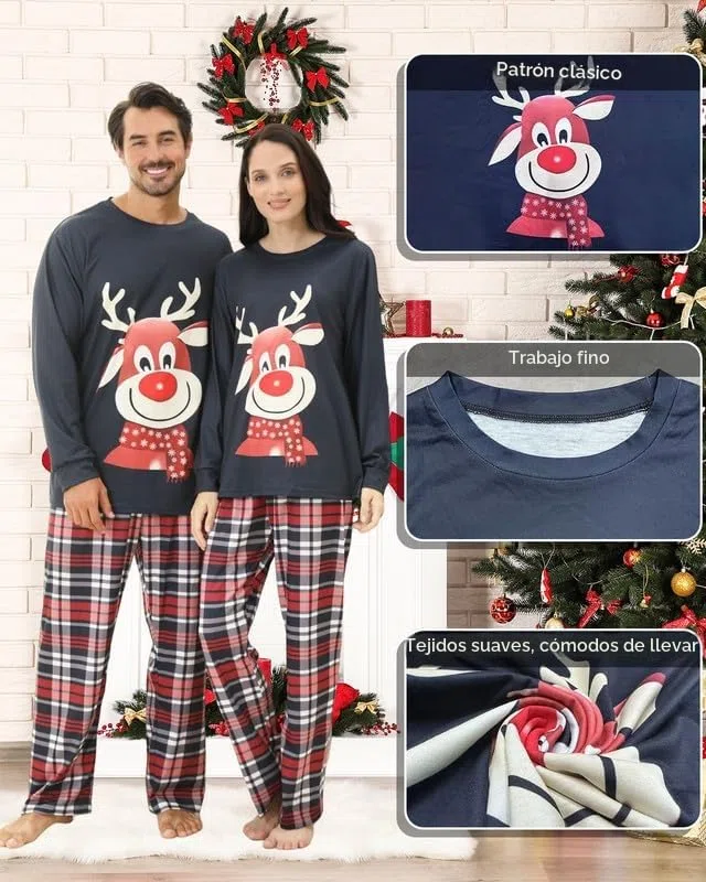 Kouric Pijamas Navidad Familia,Pijama Familiar a Juego con Estampado de Renos,Pijama Navidad Familia Top Blanco y Pantalón de Cuadros Rojos,Blancos y Negros,Pijamas Navidad Mujer/Hombre/Niña/Niño