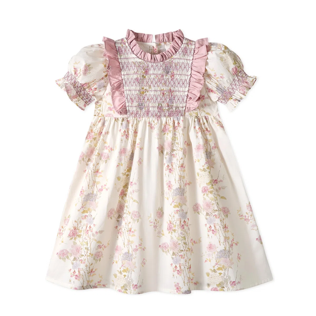 Miipat Vestidos de Algodón para Niñas, Vintage Vestidos Estampado Floral Fruncidos de Verano Mangas Abullonadas y Cuello Peter Pan Vestido Casuales para Niños