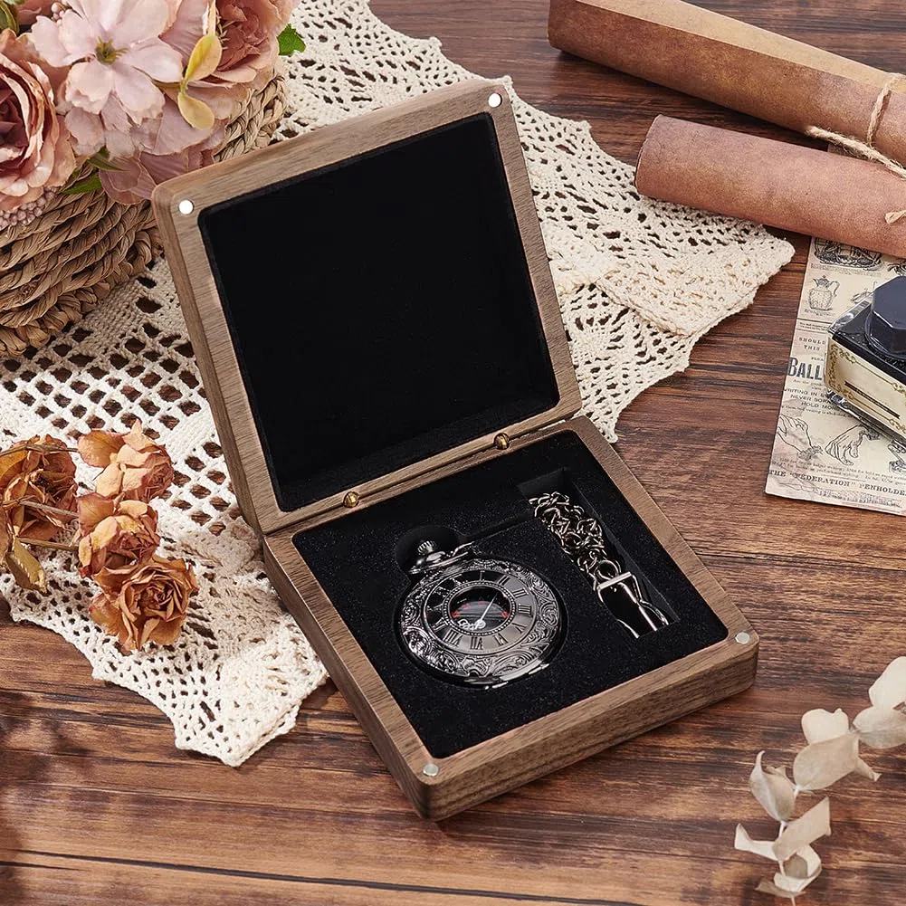 AHANDMAKER Caja de reloj de bolsillo de madera de nogal, caja de regalo portátil para un solo reloj con cojín, caja de reloj de madera, almacenamiento de joyas, organizador de viaje para hombres y
