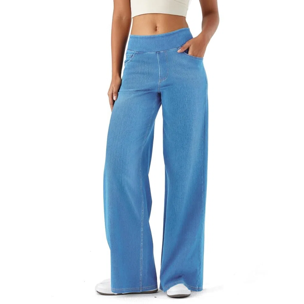 Jeans Mujer Stretch de Pierna Ancha y Recta Tiro Alto Estilo Baggy Moderno Pantalones Casual Efecto Moldeador con Bolsillos mujeres/B/L