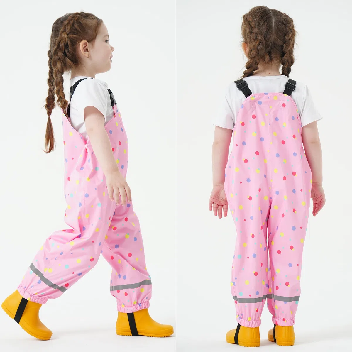 Fewlby Pantalon Impermeable Niñas, Pantalones Barro Peto de Lluvia Niños Mono Impermeable con Tiras Reflectantes Chubasquero Outdoor Traje Impermeable